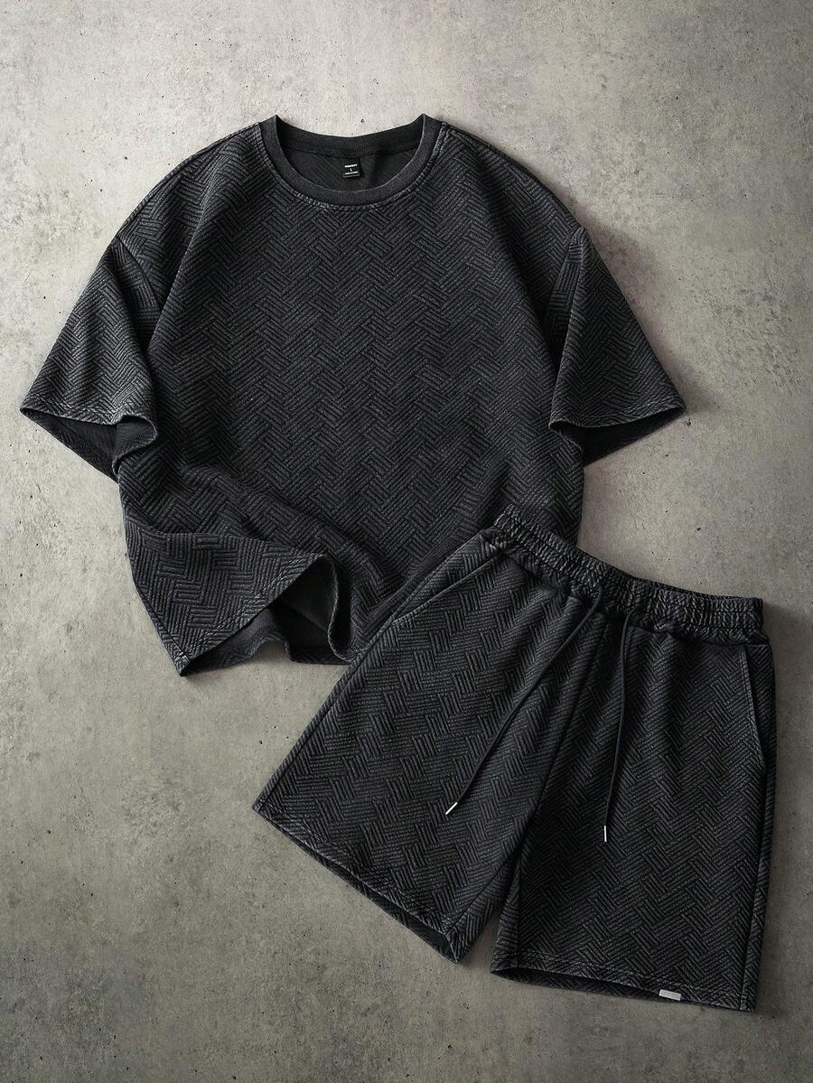 Manfinity Roghcode Herren Lässiges, strukturiertes, locker sitzendes Kurzarm T-Shirt und Shorts mit Kordelzug, modischer Street-Style für den täglichen Gebrauch, Sommer - Schwarz - Übersicht 1