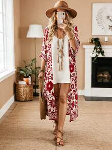 Breezaya 2026 Spring/Summer Vacation Style Casual Fusion Tropical Vibe Loose Fit Design, Featuring Relaxed Unstructured Silhouette, Floral & Retro Print Elements, Cardigan, V-Neck Fitted Dress, 2pcs Set In Red/White, 2pcs Set In Water Retro Print - Red and White - View 2