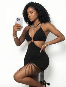 BamGleam Women's Fashionable Sexy Black Fringe Hem Backless Halter Dress - Black - View 5