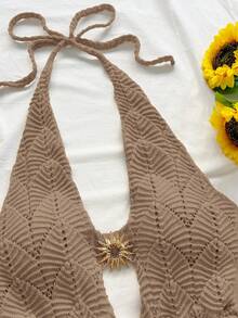 Soleia 女士纯色金属装饰吊带系带性感约会派对针织连体衣 - 卡其色 - 查看 3