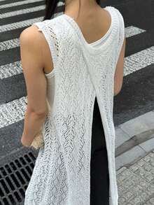 DAZY Women's Solid Color Backless Sleeveless Hollow-Out Knit Top Summer - White - View 1