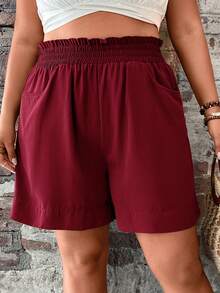 EMERY ROSE Quần short nữ cỡ lớn màu trơn, có bèo nhún, dáng rộng, có túi, kiểu dáng thường ngày. - Màu Đỏ Sâu - Xem 4