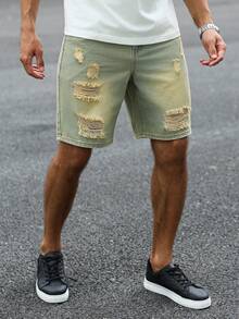 Manfinity LEGND Quần short denim rách kiểu Mỹ, túi xéo, cỡ lớn dành cho nam. - Màu xanh lam - Xem 3