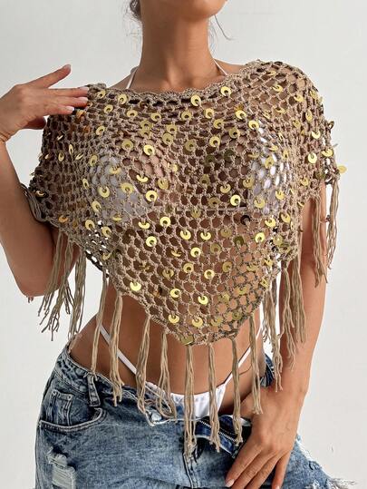 Swim SXY Áo khoác ngoài đi biển gợi cảm cổ tròn màu kaki khoét lỗ