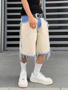 Manfinity EMRG Men Plus Size Summer Casual Contrast Color Frayed Ripped Loose Wide Leg Denim Shorts - Apricot - View 3