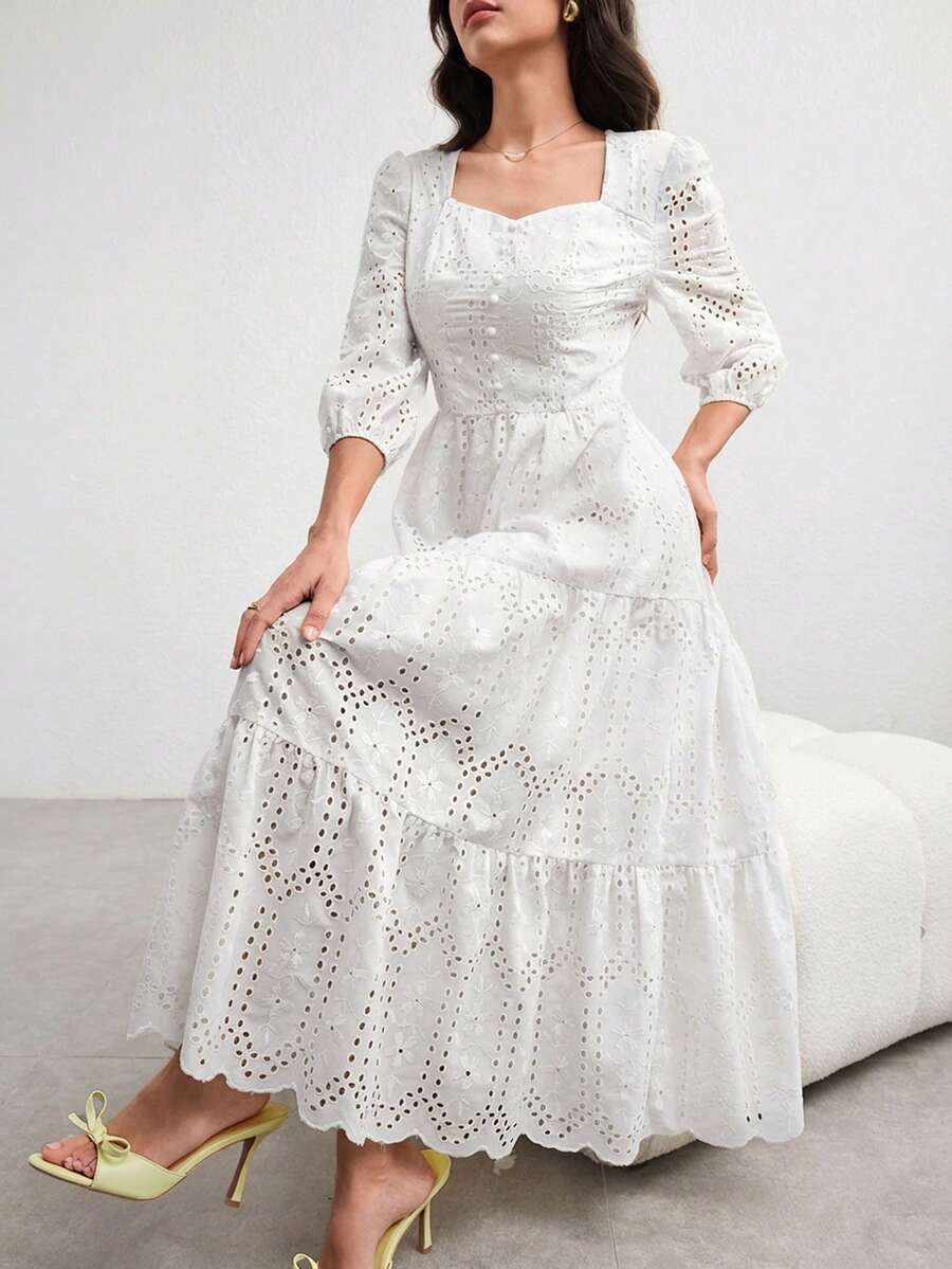 Modelyn Đầm dài tay cánh hoa thêu dành cho nữ, thanh lịch lãng mạn, màu vàng nhạt, thích hợp cho mùa xuân/hè. - trắng - Xem 1