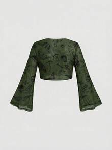 ROMWE Goth 哥特复古飞蛾骨架棕榈蝴蝶日月星辰植物性感大码女式开衫 - 綠色 - 查看 2