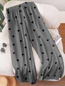 [Free Shipping]Plus Size Striped Heart Print Straight Leg Pants Women's Summer Pants Cute Pants For Woman Pants For Women Casual Wide Leg Pants Woman High Waist Women Pants - 多色 3 - 查看 2