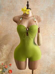 Mistrie 女士荧光绿前系带露背连体紧身衣 - 綠色 - 查看 6