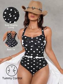 Shapewave Women's Summer Vacation Beach Polka Dot Print One-Piece Swimsuit Polka Dot Swimsuit One Piece Bathing Suits For Women Polka Dot Women's Swimsuits Women's Bathing Suit Full Coverage Women Swim Suit Set - Black and White - View 3