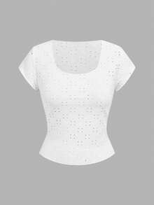 SHEIN EZwear Black Knit Women's U-Neck Short Sleeve Embroidered Breathable Tank Top For Summmer Club Sexsy - Multicolor - View 6