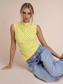SHEIN BAE Áo camisole thời trang nữ in chấm bi, cổ đứng, vạt bất đối xứng - Màu vàng - Xem 6
