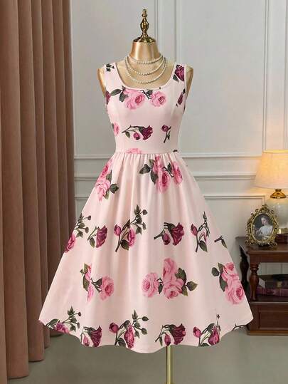 Ellevyn Sleeveless Rose Print Waist Cinched Vintage Romantic Dress