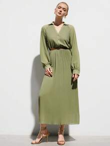 Aveloria Modichic Elegant & Chic V-Neck Collared Long Sleeve Dress With Metal Button Waist Decor And Pleated Hem, Versatile For Work And Everyday Wear - Green - View 3