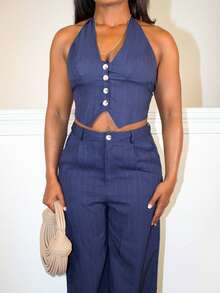 Steph T Women's Streetwear Solid Color Vest And Pants 2 Pieces Set, Summer - Navy Blue - View 5