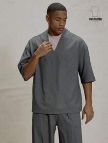 Musero Camisa de manga corta con cuello en V oversize y hombros caídos, solo parte superior de conjunto, esencial de otoño e invierno - Gris Oscuro - Ver 1