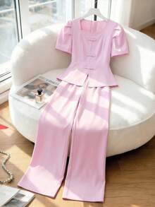 SHEIN 2件套女童花瓣袖上衣，斜扣褶裥下摆，搭配直筒阔腿裤套装 - 粉色 - 查看 6