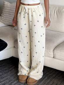 Tyla Gomez 优雅低腰性感女士舒适长裤，蝴蝶结条纹印花，百搭 - 黃色 - 查看 6