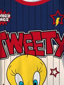 LOONEY TUNES X SHEIN 加大码夏季休闲撞色条纹卡通字母印花T恤 - 白色 - 查看 4