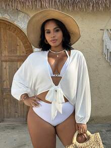 Swim Vcay Plus Size Women's Summer Beach Kimono Swimsuit Cover Up - White - View 6