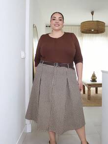 Pretty and Ole Plus Size Notched Collarline Long Sleeve T-Shirt With Slit,Fall Clothes - Coffee Brown - View 5