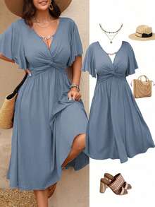 Rometta Vestido midi de línea A con cuello en V, textura de punto, cintura con volantes y cadena, para mujer talla grande, primavera/verano - Celeste - Ver 1