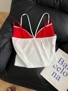 Resyla 2pcs Women Casual Sleeveless Top With Letter Embroidery Patchwork Design - Red and White - View 2