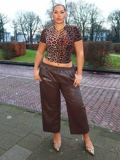 MelDlgn 大码女式宽松直筒PU皮裤，腰部抽绳，休闲街头风格，适合秋冬季