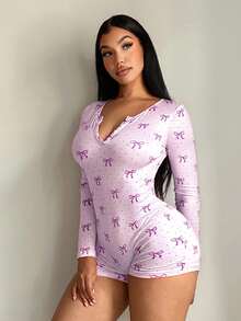 SHEIN SXY 女士性感休闲粉色波点蝴蝶结印花弹力连体裤，舒适针织短裤，家居服女士连体衣粉色蝴蝶结连体衣 - 紫色 - 查看 3