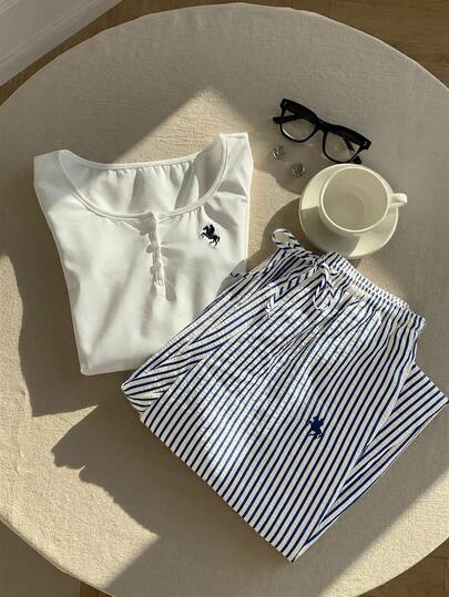 Comfortcana 2026 Spring/Summer Women's Casual Embroidered Detail Button Top And Striped Pants 2-Piece Set, Navy Blue Outfit Suitable For Beach, Thanksgiving, New Year, Christmas And Other Occasions