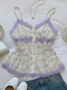 Comfortcana 这款2026新款女士花卉刺绣蕾丝吊带背心是春夏时尚单品，适合各种场合，包括海滩度假、休闲外出以及Y2K/2000年代风格。它非常适合春假、毕业典礼、婚礼、优雅之旅和海滩度假。这款休闲套装包括短裤、沙滩短裤、花卉上衣、娃娃衫、田园风连衣裙和玫瑰印花上衣，适合各种场合。 - 紫色 - 查看 6