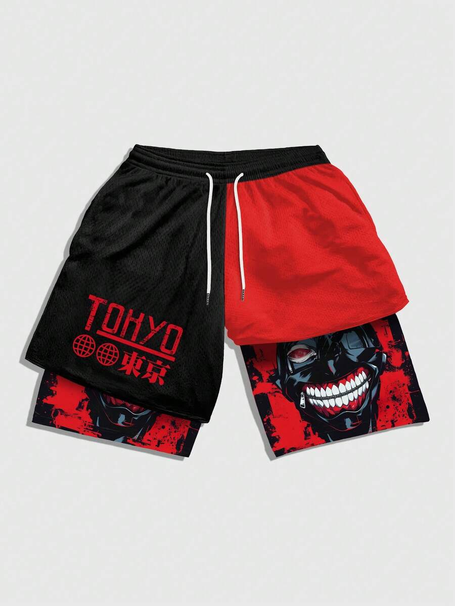 ROMWE MEN Quần short nam mùa hè, kiểu dáng thường ngày, phối màu, in hình anime. - Nhiều màu - Xem 1