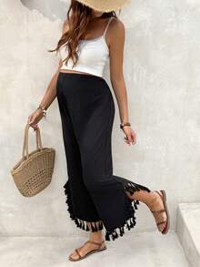 SHEIN Maternity Casual Fringe Hem Pants - Black - View 6