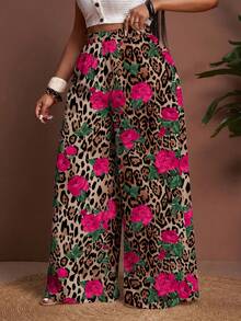 Veslaya 2026春夏新款宽松大码女式长裤，玫瑰豹纹印花，适合度假、休闲、海滩、篝火晚会等场合。 - 玫紅色 - 查看 2