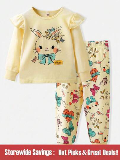 SHEIN 年轻女孩卡通图案荷叶边睡衣套装