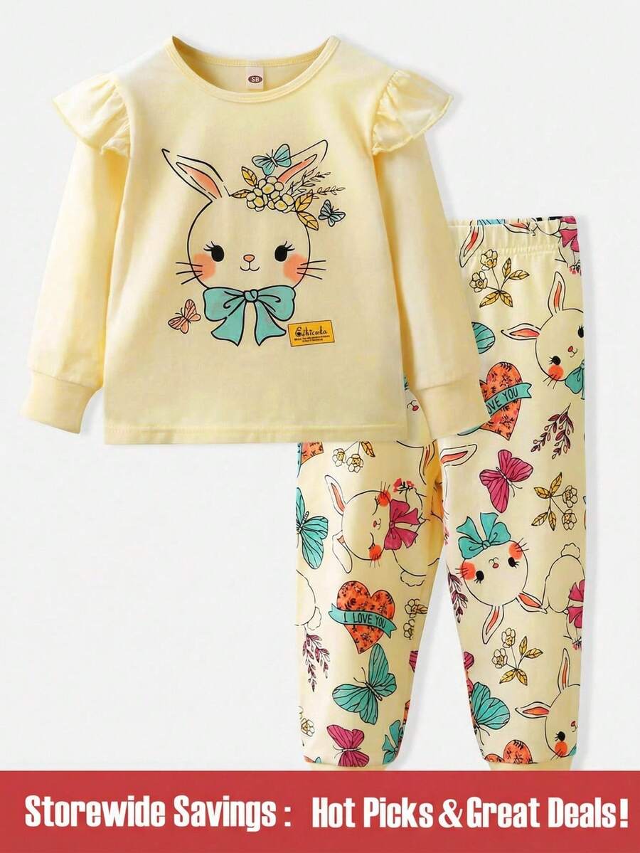 SHEIN 年轻女孩卡通图案荷叶边睡衣套装 - 彩色 - 查看 1