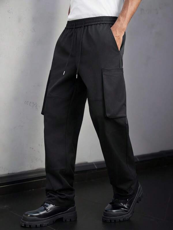 SLATEMANN Men's Casual Versatile Black Drawstring Waist Cargo Pants