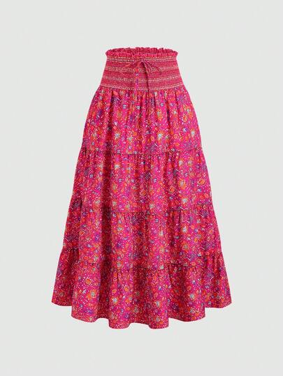 Sweetra Fashionable Sexy Lady Vacation Style Cinched Waist Flared Vintage Print Design Elegant Big Hem Beach Casual Skirt For Women