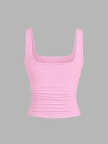 Flirla Áo ba lỗ cổ vuông xếp ly thường ngày đa năng cho nữ cỡ lớn - Nhiều màu - Xem 4