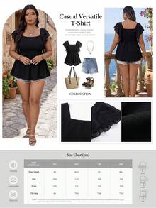 SHEIN CURVE+ 大码女式方领短袖修身休闲衬衫 - 黑色 - 查看 2