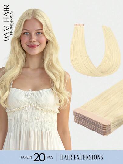 20 sợi tóc nối PU không đường nối, vô hình, thẳng, dài 14-24 inch, 100% tóc thật Remy, màu vàng bạch kim, 50g/gói, mềm mượt và trông tự nhiên, tóc nối mềm mại như thật.