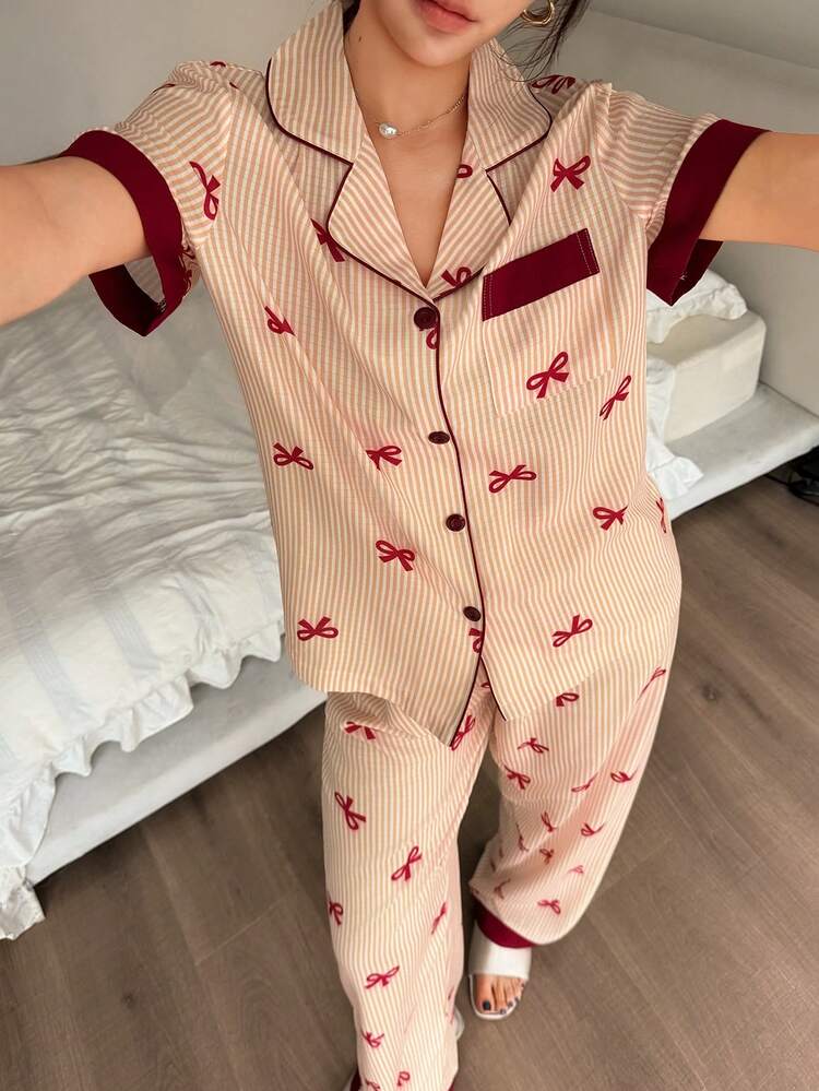 Napfluff 撞色蝴蝶结条纹印花翻领红色纽扣短袖上衣和裤子睡衣套装，春夏服装，黄色条纹睡衣套装，适合室内外穿着 - 黃色 - 查看 5