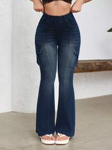 Flexra 女士高腰工装口袋喇叭裤 - 藍色 - 查看 4