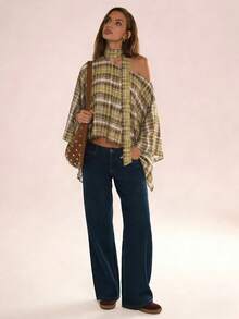 Plaid Asymmetric Scarf Design Tie Shirt - Multicolor - View 5