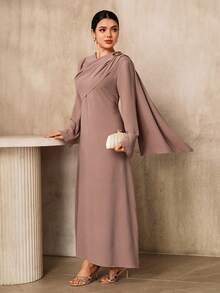 Graceveil Women's Solid Color Metal Decor Elegant Modest Muslim Long Dress,Pink And Brown Autumn Party Dining Abaya Cape Detail Formal Wedding Guest Dresses - Light Grey - View 1