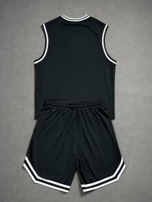 Aesthetic Post Men's Letter Striped V-Neck Tank Top And Shorts Casual Set - Black - View 2