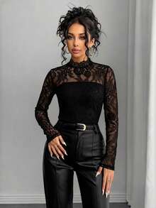 Rafferiza Women's Elegant Lace Sheer Sexy T-Shirt - Black - View 4