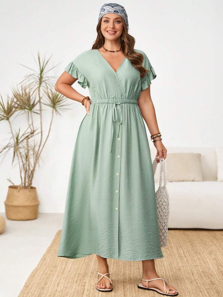 Plus Size Casual Solid Color Drawstring Waist Dress