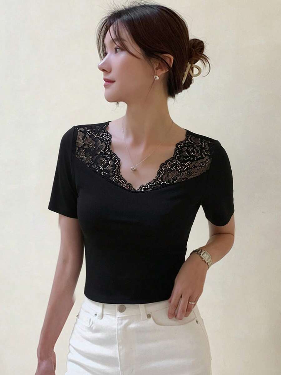 DAZY Women's Solid Color Mesh Patchwork Fitted Short Sleeve T-Shirt, Spring/Summer - Black - View 1