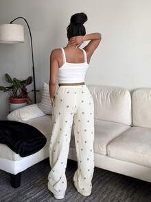 Tyla Gomez 优雅低腰性感女士舒适长裤，蝴蝶结条纹印花，百搭 - 黃色 - 查看 2